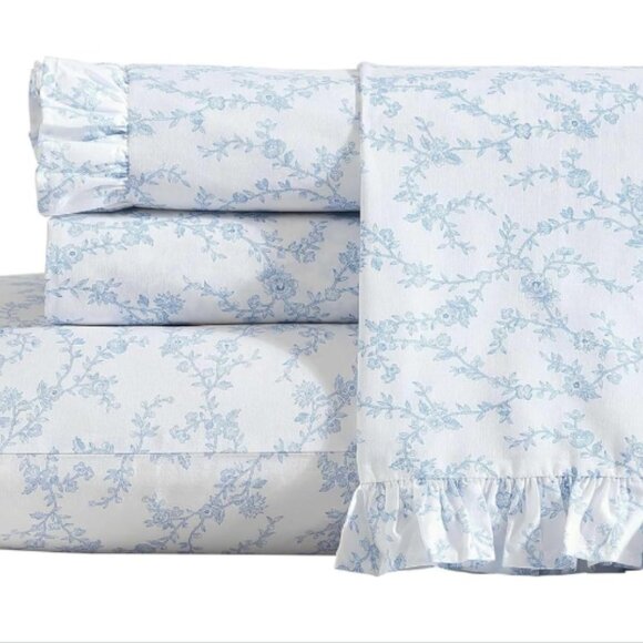 LAURA ASHLEY Queen Sheet Set White Victoria Blue Floral Percale Cotton Ruffled - Picture 11 of 11